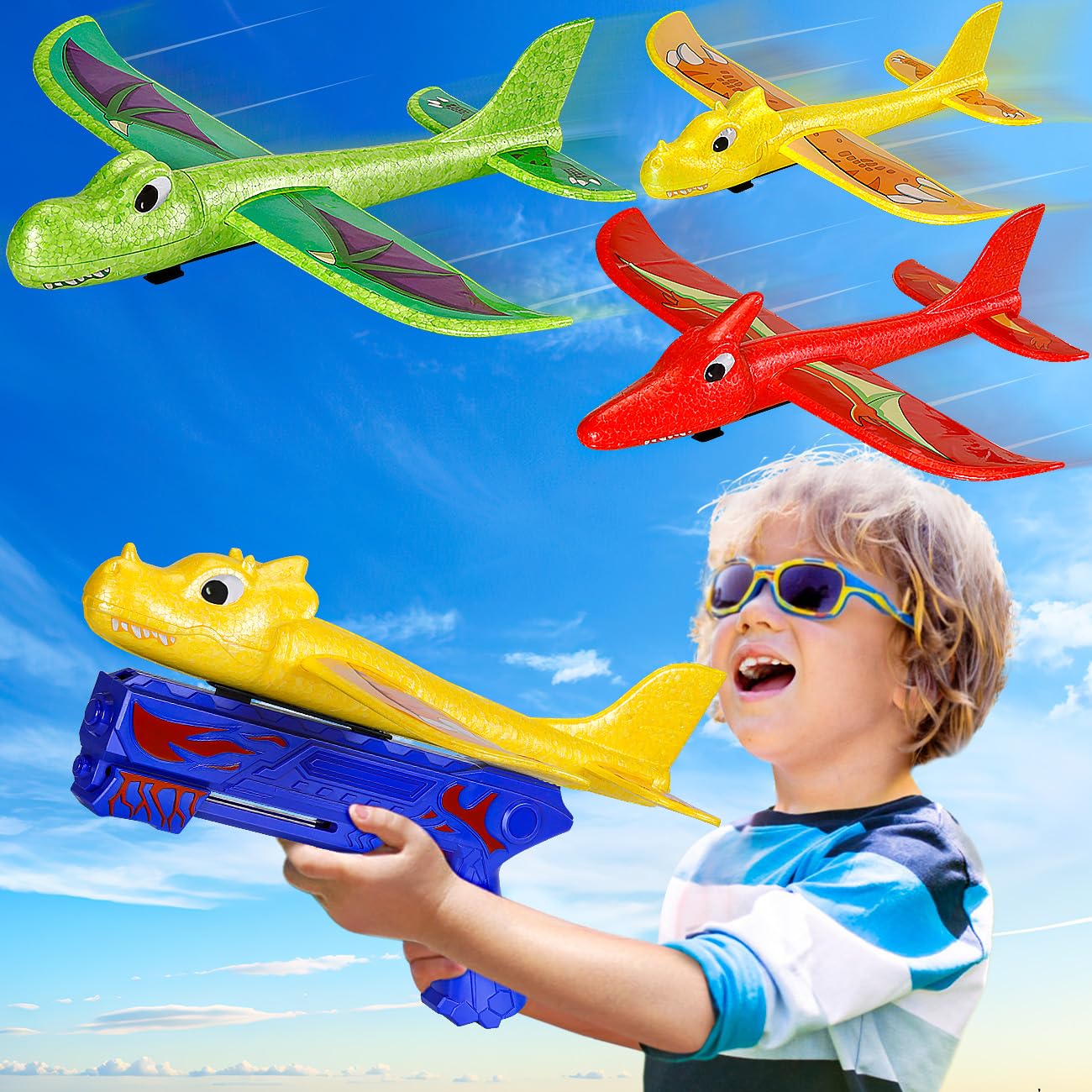Winstico Boys Toys Age 4 5 6 7 8 Year Old Boy Toys Gifts: Airplane Launcher Toy with 3 Pack Dinosaur Glider Foam Aeroplanes for Kids - Garden Outdoor Toy for 4 5 6 7 8 9 Year Old Boys Birthday Gifts