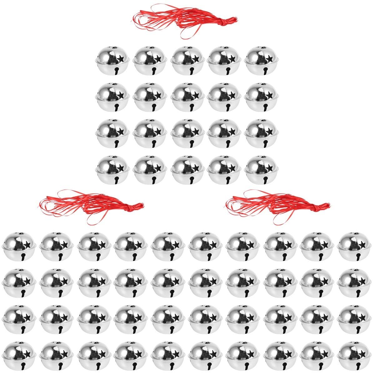 60 Pcs 4cm Jingle Bells for Crafts and 3 Pcs 10m Red Ribbon, Five-pointed Star Christmas Bells Decorations Small Christmas for Crafting Tree Decor