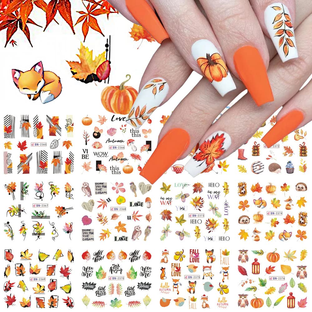 Photo 1 of 12Sheets Fall Nail Stickers Autumn Maple Leaf Pumpkin Halloween Thanksgiving Water Transfer Nail Decal for Women Girls Kids DIY Decorations
