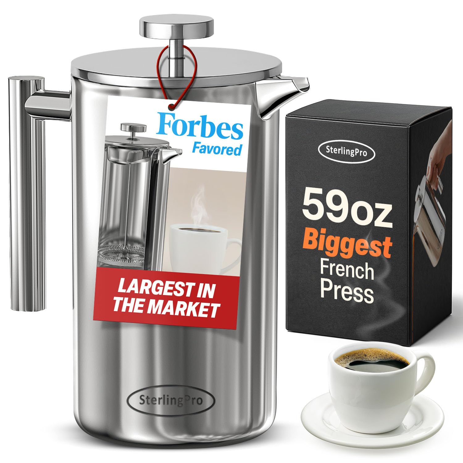 SterlingPro Double Wall Stainless Steel French Coffee Press 2L