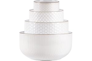 GBhome Ceramic Mixing Bowls Set, 20/45/105/150 oz, Nesting Set of 4 embossed Kitchen Tableware, Prep, Baking, Serving, Gift, 