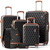 Melalenia Suitcase Sets 6 Piece Hard Shell Carry on Luggage with Spinner Wheels and TSA Lock, Lightweight Travel Backpack for Women, Men, Black Brown