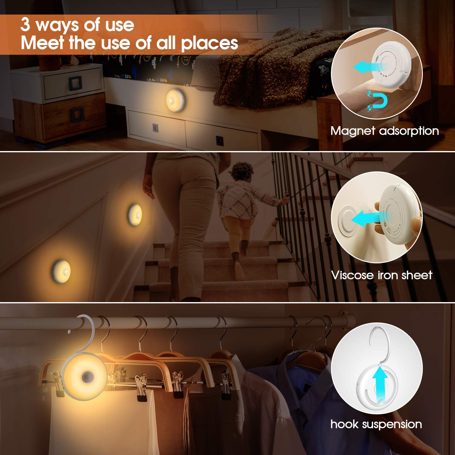 FXQ Motion Sensor LED Night Light, USB Rechargeable Portable Closet Light, Dimmable Cordless Wall Light, Magnetic Stick Hanging, for Under Cabinet, Stairs, Hallway, Kids Room, Bedroom (2 Pack)