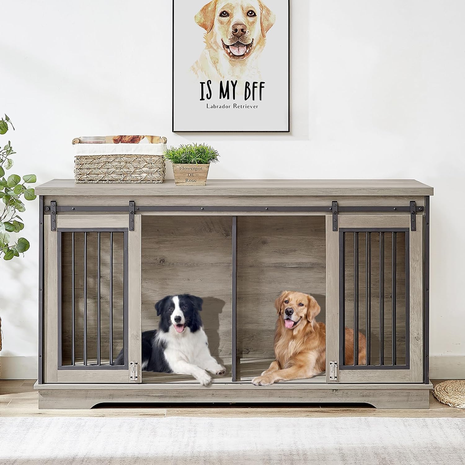 Photo 1 of Rovibek 61 Double Dog Crate Furniture for 2 Dogs, Large Double Dog Kennel Furniture TV Stand, Furniture Style Dog Crates End Table, Wood Crates for Dogs Kennel Indoor Grey