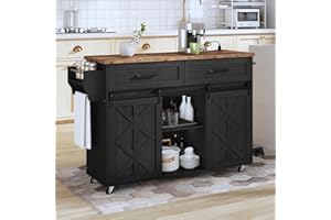 HOOBRO Kitchen Island with Storage, Power Outlet, Rolling Kitchen Island Cart on Wheels, with 2 Drawers, Sliding Barn Doors a