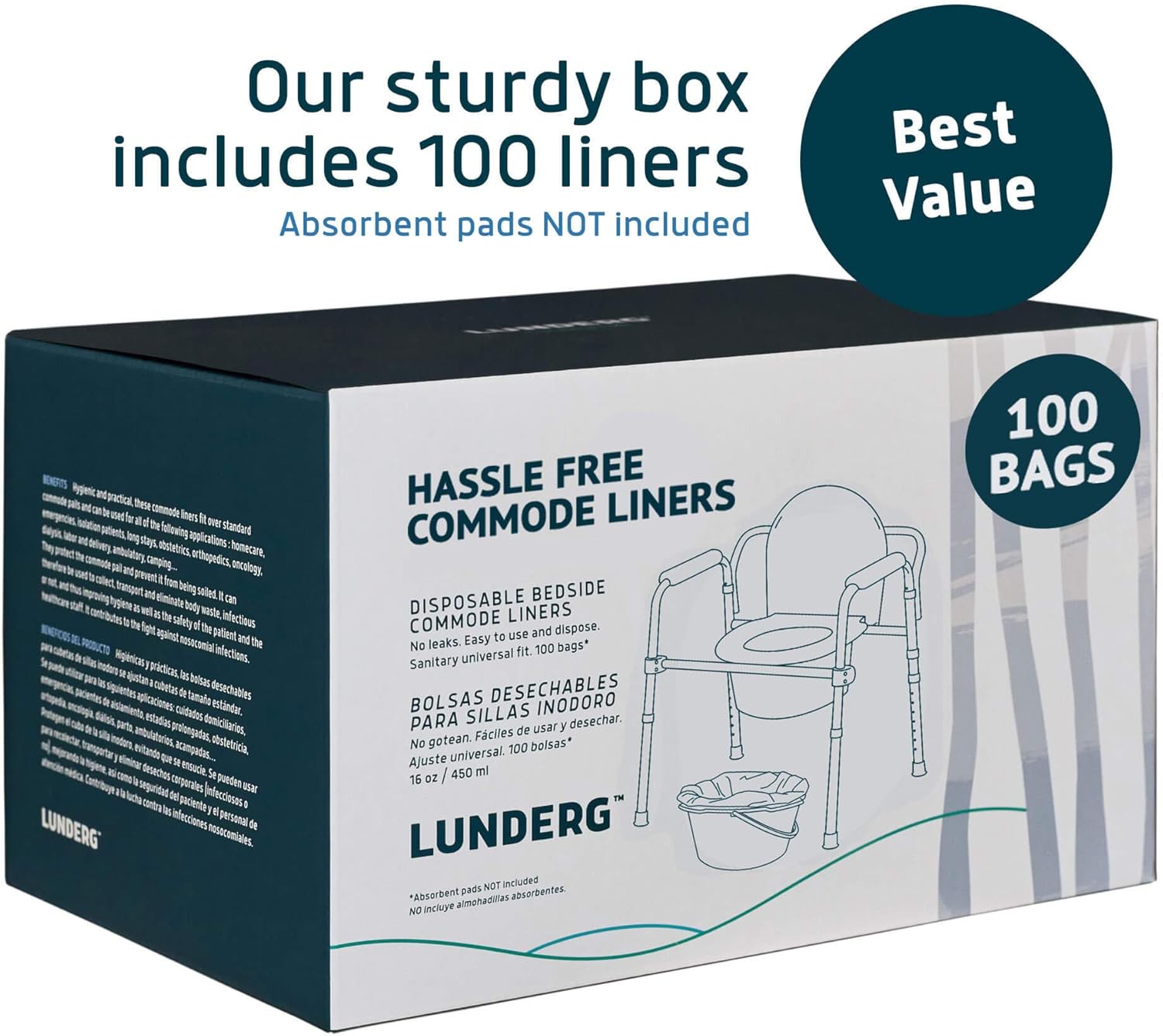 Lunderg Commode Liners - Value Pack 100 Count Universal Fit - Medical Grade Bedside Commode Liners Disposable for Adult Commode Chair, Portable Toilet Bags or Camping Toilet Bags: Health & Personal Care