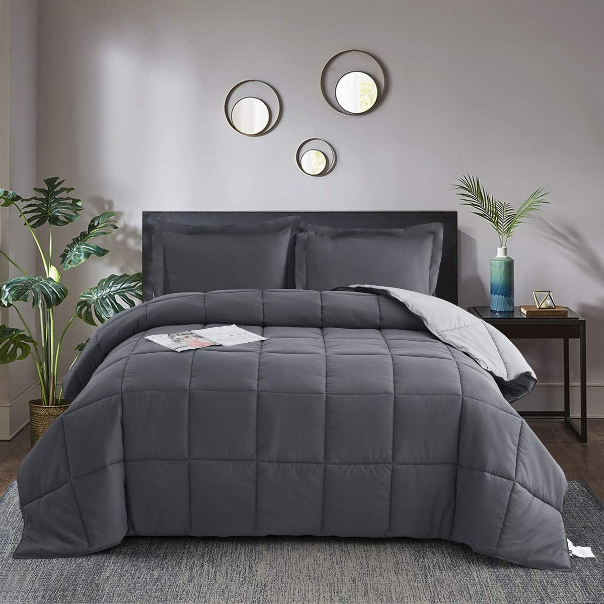 3pc Down Alternative Comforter Set -All Season Reversible Comforter with Two Shams - Quilted Duvet Insert with Corner Tabs -Box Stitched –Hypoallergenic, Soft, Fluffy (King/ CK, Dark Gray/Light Gray): Home & Kitchen