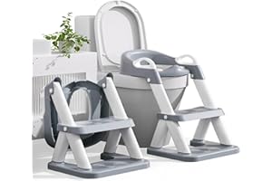 AKIMRABY Potty Training Seat with Step Stool Ladder, Upgraded Stability Toilet Seat with Toddler Seat for Kids Boys Girls, Anti-slip Pads, Urinal Splash Guard, 2 In 1 Foldable Potty Seat with Steps