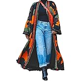 Quzzion Womens Long Open Front Cardigans Long Sleeve Camo Shawl Sweater Chunky Cable Knit Fringed Outwear Coat