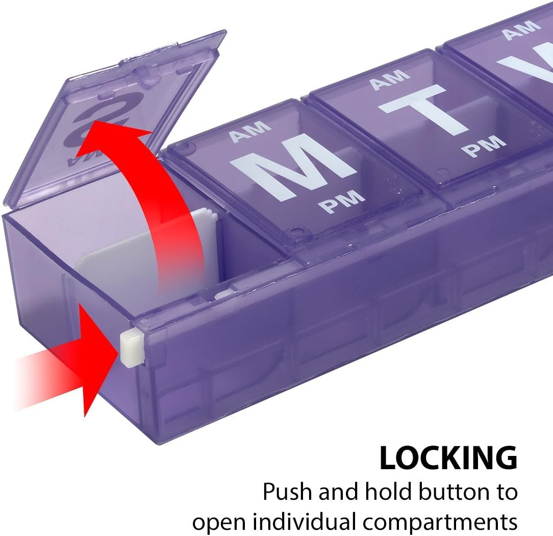 Ezy Dose (7-Day) Pill, Medicine, Vitamin Organizer Box | Weekly, 2 Times a Day, AM PM | Locking Compartments | Colored Lids: Health & Personal Care