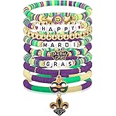 Mardi Gras Beaded Bracelets for Women Mask Fleur Fleur De Lis Purple Green Gold Heishi Stretch Bracelets Carnival Celebrations Party Jewelry