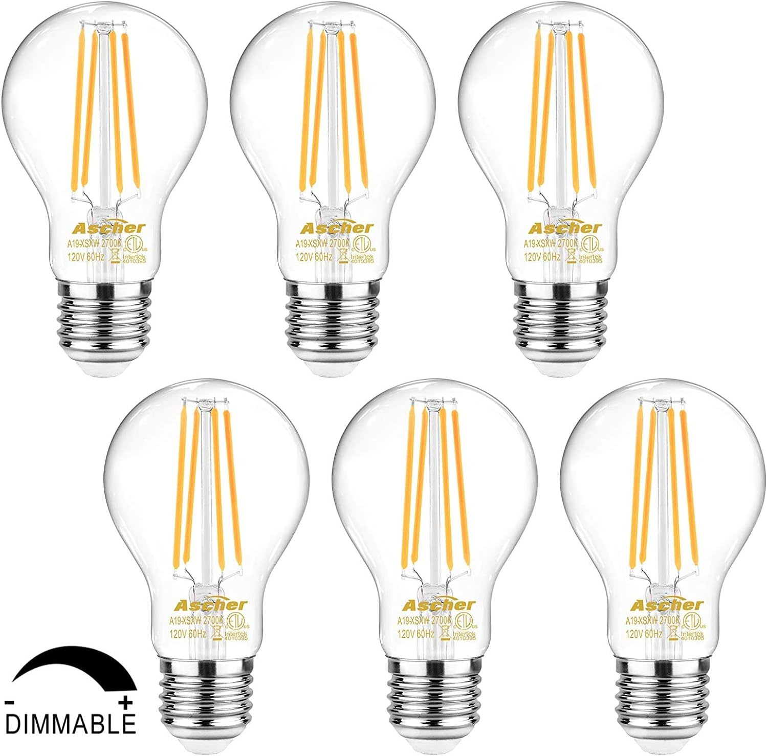 Ascher 60 Watt Equivalent, Dimmable E26 LED Filament Light Bulbs, Warm White 2700K, Classic Clear Glass, A19 LED Light Bulb, 6-Pack