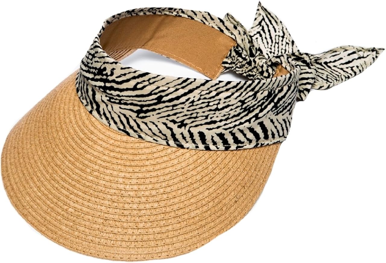 The Hat Company Ladies Straw Visor with Scarf Band (Dark/Safari Print