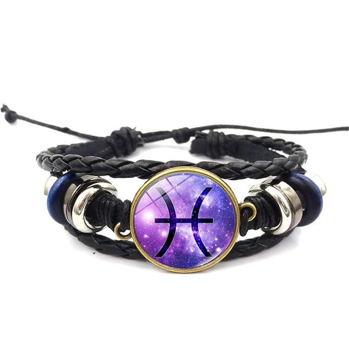 NovaLuna Retro Sternzeichen Armband aus schwarzem Kunstleder in Wickeloptik 'Purple Zodiac' mit Schiebeknoten-Verschluss Tier