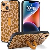 Jefonha Compatible with iPhone 14 Case with Finger Hand Strap Kickstand, Trendy Cool Leopard Cheetah Print Phone Case for Women Men, Full Camera Protection Shockproof Protective Cover, Brown