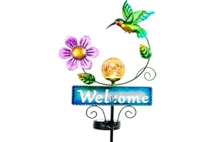 FOMOMDI Outdoor Solar Garden Lights with Welcome Sign, Hummingbird Ornament Metal Stake Lights for Lawn, Patio, Cracked Glass Balls (Hummingbird)