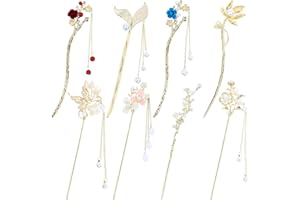 inSowni 8 Pieces Retro Vintage Asian Japanese Chinese Hanfu Gold Metal Flower Hair Sticks with Pearl Pendants Fishtail Lotus Butterfly Long Hair Pins Forks Chopsticks Bun Updo Holders for Women Girls