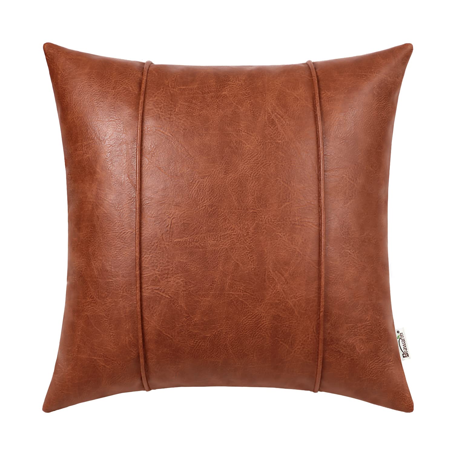 BRAWARM Cognac Leather Throw Pillow Covers 18 X 18 Inches - Faux Leather Pillow Cover with Piping, Hand Stitched Leather Throw Pillow for Couch Sofa Bed Living Room Home Decorative