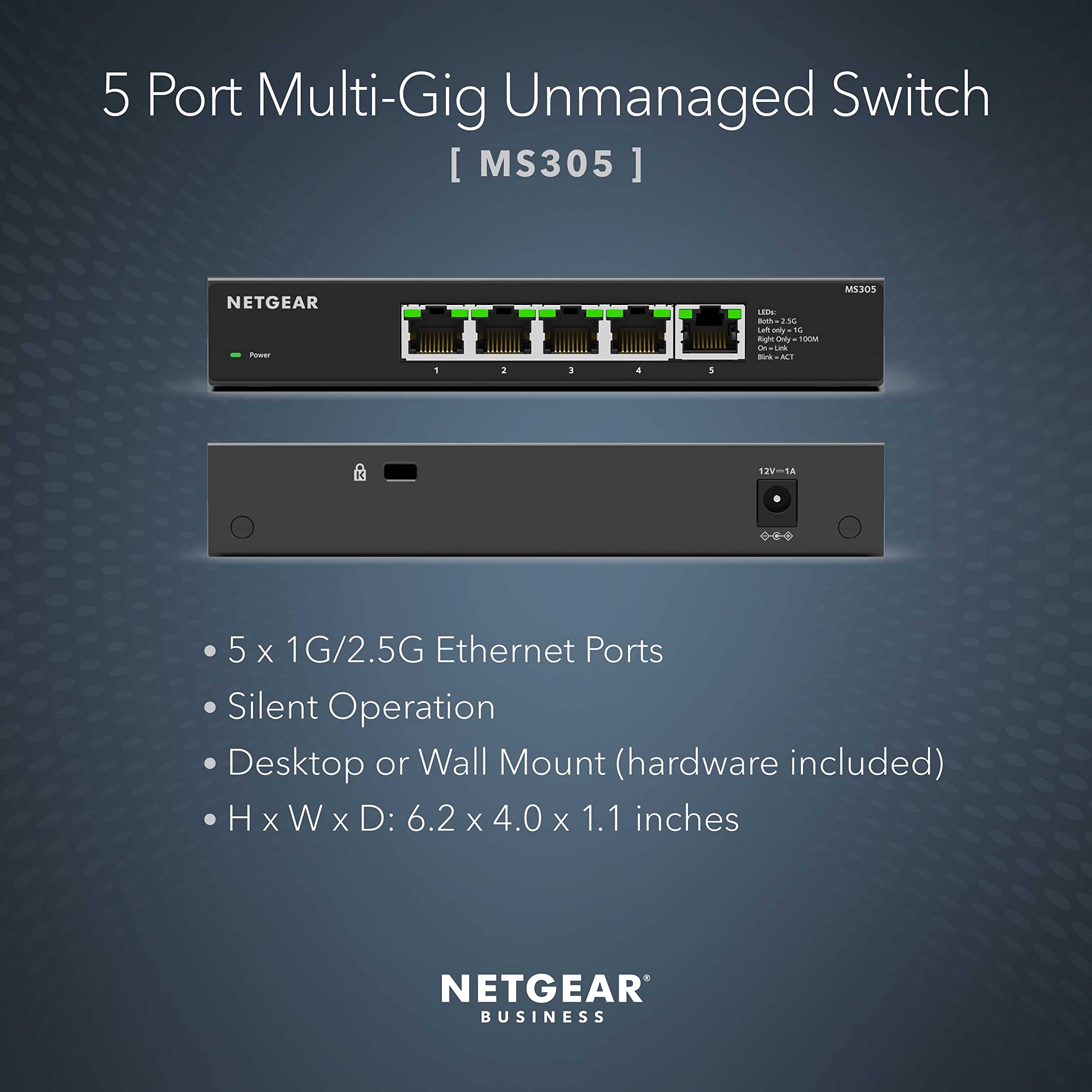 Netgear Ms305 Multi-Gigabit Switch Rear Panel Showing Five 2.5G Ethernet Ports