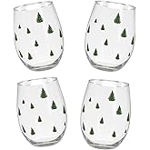 BANBERRY DESIGNS Holiday Stemless Wine Glasses - Winter Christmas Evergreen Tree Design - Set of 4 - Xmas Themed - 20 oz Capacity