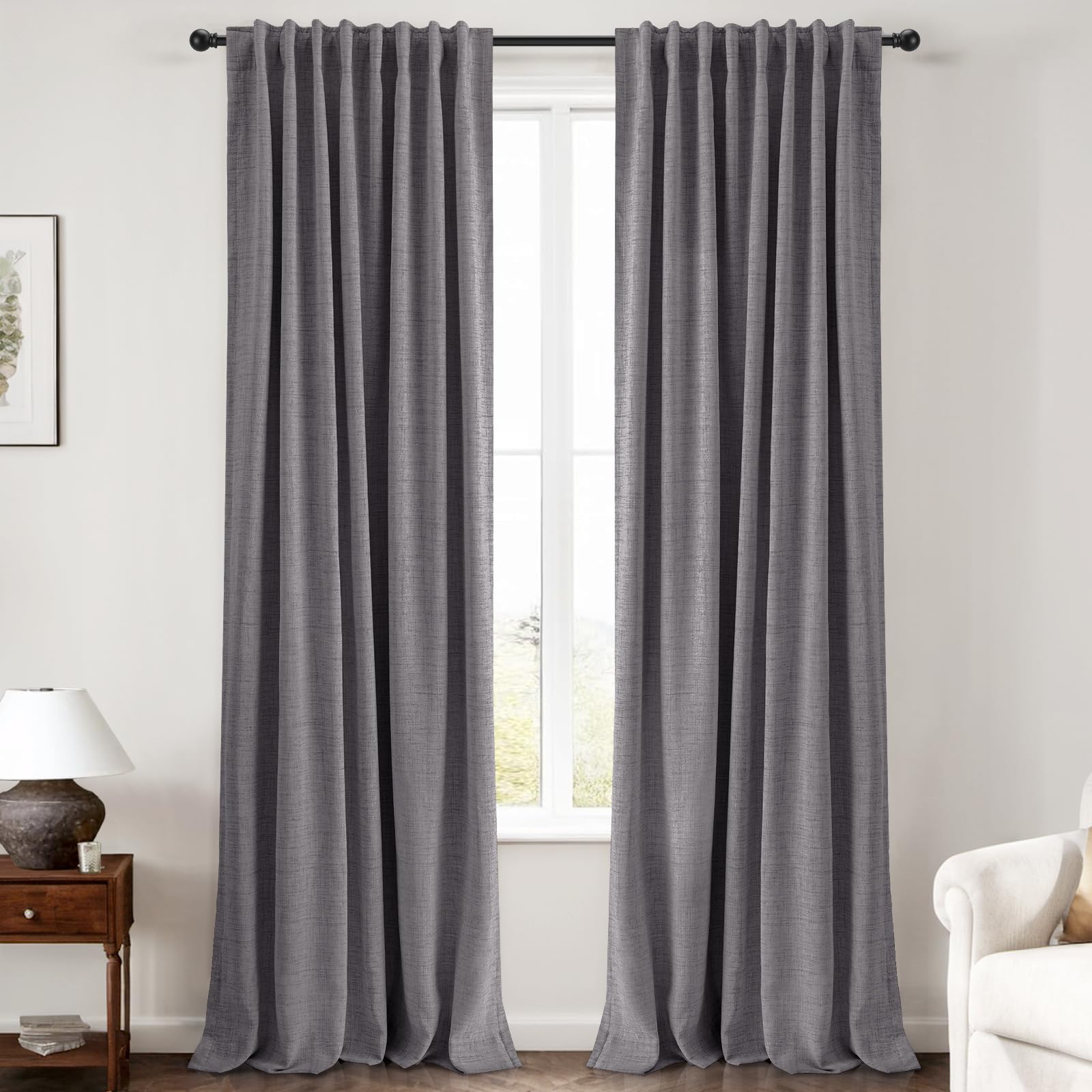 INOVADAY 100% Blackout Curtains 63 Inches Length 2 Panels Set, Back Tab/Rod Pocket Linen Black Out Curtains for Bedroom, Thermal Insulated Window Drapes - Dark Grey, W50 X L63 Image