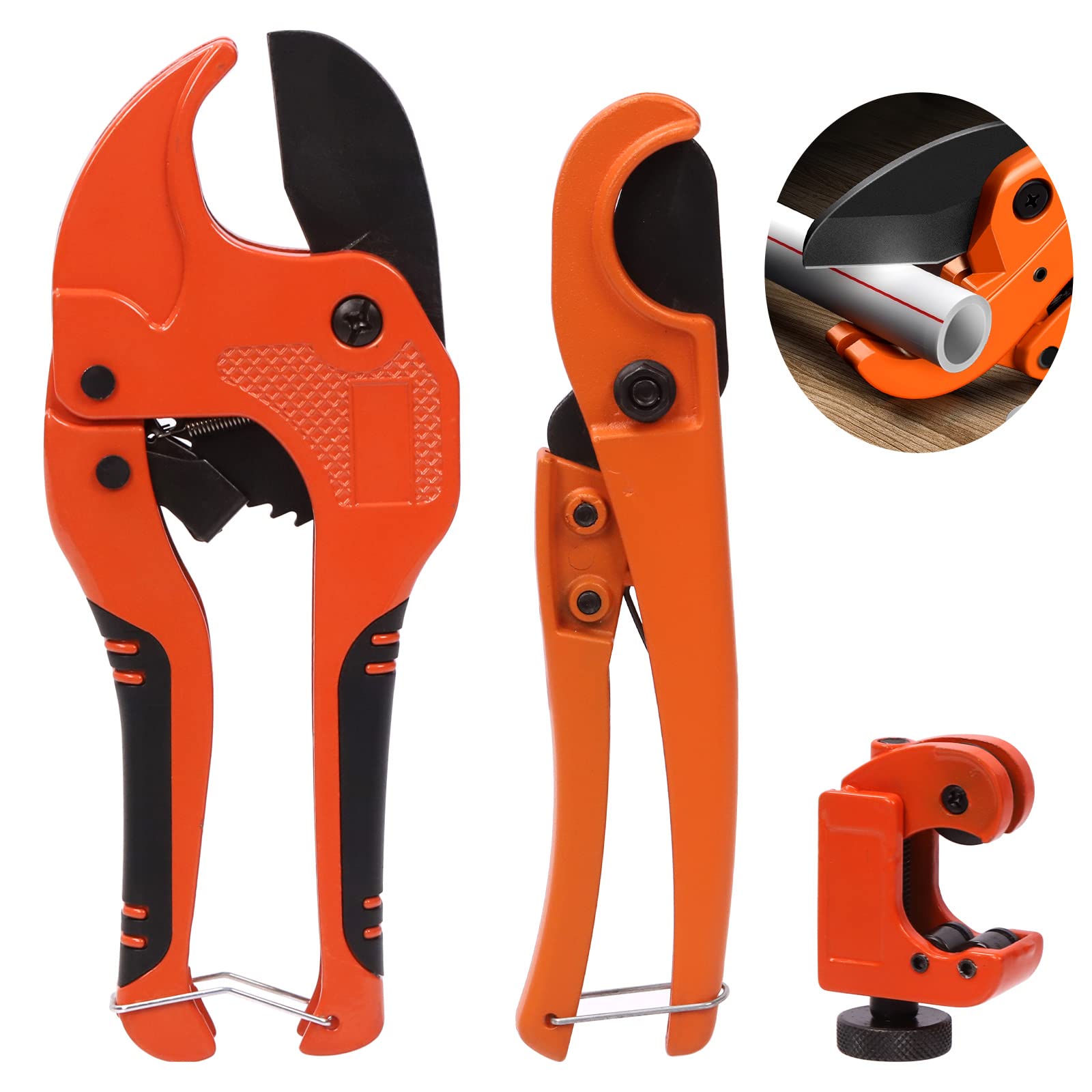 Tanstic 3Pcs Ratchet PVC Pipe Cutter Tool and PEX Straight Cut Pipe Cutter with Mini Tube Cutter, Ratchet-type Pipe Cutter One-hand Fast Pipe Cutting Tool PEX Tube Cutters for Pipe Cutting