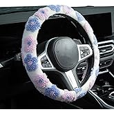 Plush Flowers Steering Wheel Cover Auto Plush Steering Wheel Protector, Anti-Slip, Breathable, Absorbing Sweat, Universal Car Accessories 14.5–15 inch,Fit for Most Car, Trucks, SUV