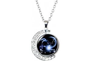DEQIYIJI Zodiac Necklace Jewelry Birthday Gifts Astrology 12 Constellation Horoscope Sign Galaxy Crescent Half Moon Pendant Necklace