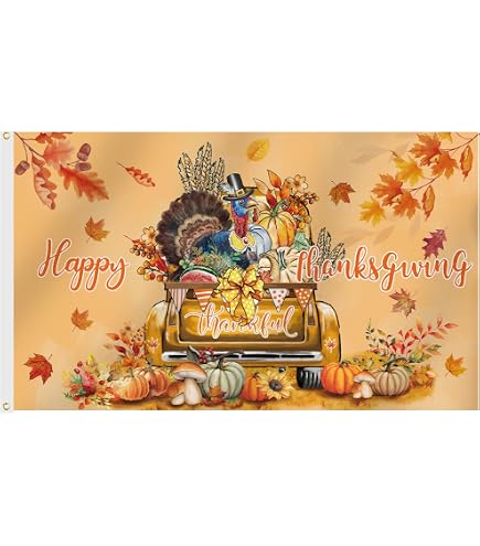 Thanksgiving Flagge 3x5 Ft – „Thankful Grateful Blessed“ Mit Sonnenblumen & Kürbis, Polyester, Outdoor-Deko