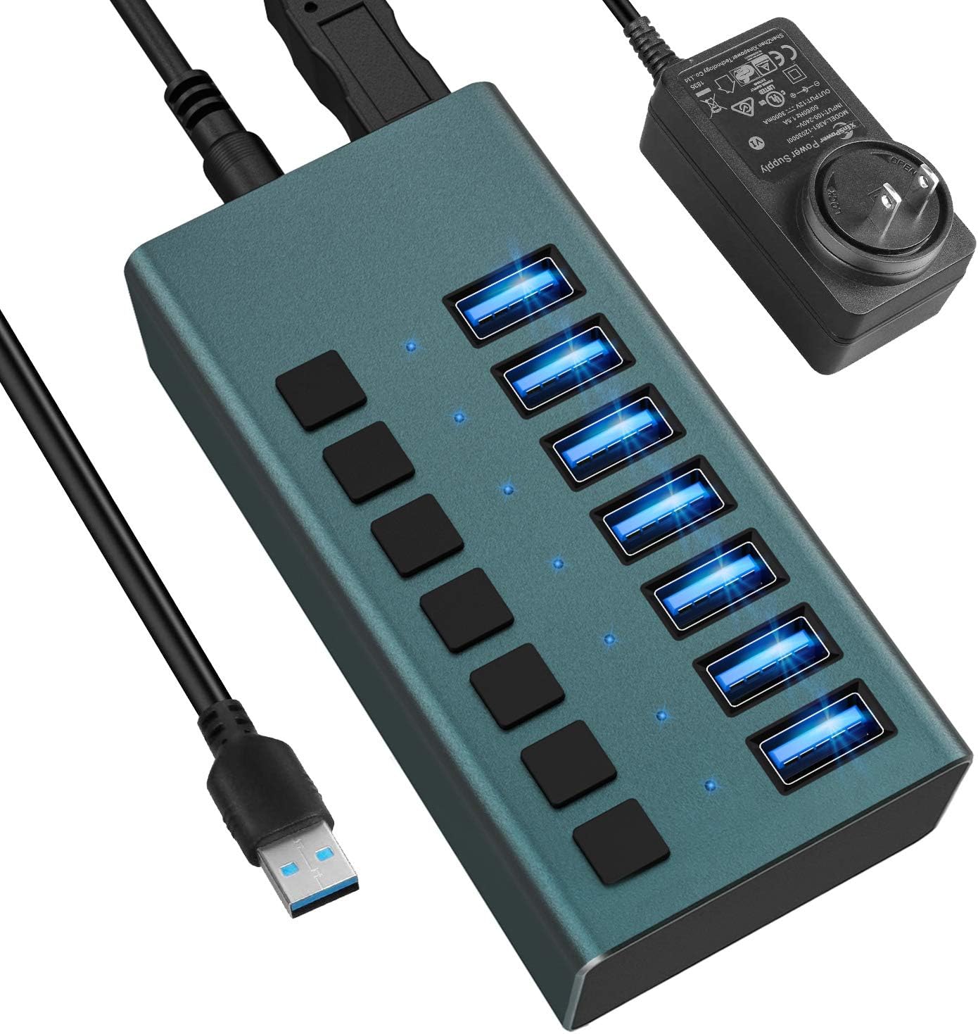 USB 3.0 Hub -7 Ports Powered USB Hub 36W USB Charging Hub with Individual On/Off Switches and 12V/3A Power Adapter and Multi-USB Port for PC, Laptop, Computer, Mobile HDD, Flash Drive and More（Green: Computers & Accessories