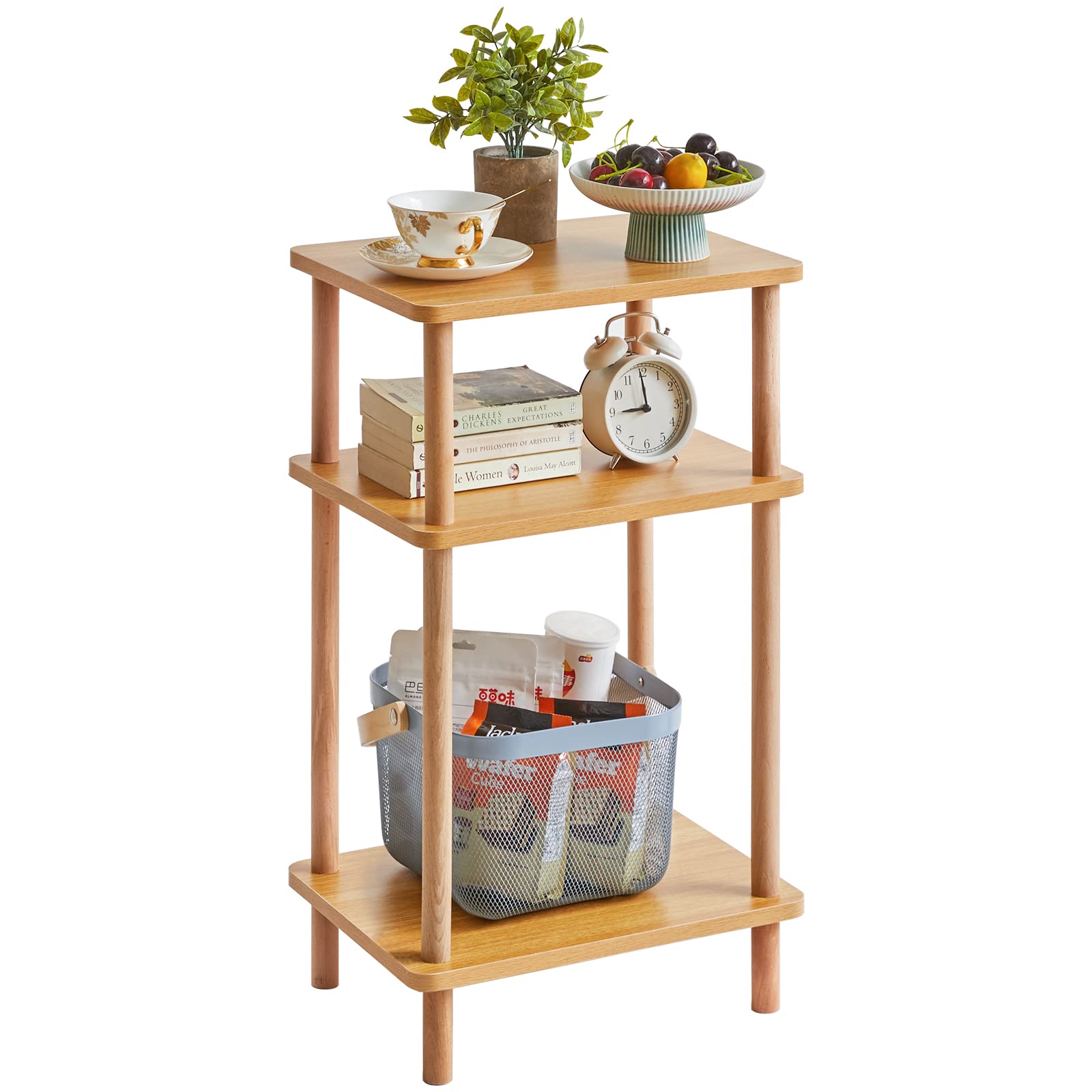 Photo 1 of IBUYKE 3-Tier Side Table, Solid Wood Tall End Table with Storage Shelves, Nightstand Bedside Table for Living Room Bedroom Office, No-Tool Assembly, Natural UWST003N