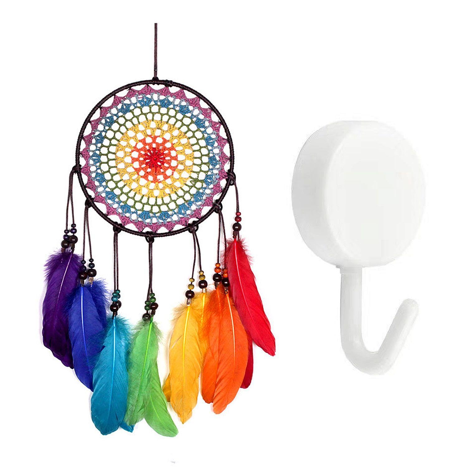 1 Piece Of Dream Catcher Pendant, 1 Piece Of Hook, Wall-Mounted Dream Catcher, Colorful Feather Dream Catcher, Rainbow Wind Chime Ornaments, Bedroom Decoration Accessories