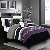 Chezmoi Collection Arden 7-Piece Modern Pleated Stripe Embroidered Zigzag Bedding Comforter Set (Queen, Purple/Black/Gray/White)