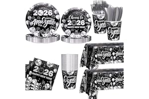 AIBIIN 194pcs Happy New Years Eve 2026 Party Decorations for New Year Party Plates, Cup, Napkin, Tablecloth, Tableware, Black Silver Disco Disposable Party Supplies Plates Serve 24 Guests