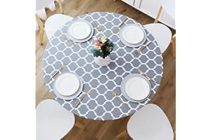 Alynsehom Round Elastic Table Cloth Fitted Vinyl Tablecloth with Flannel Backed Lining 45-56" Waterproof Wipeable Moroccan Ta