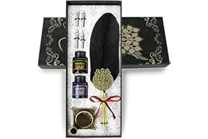 TIANREN Quill pen ink set,Feather Pen and Ink Set,Antique Calligraphy Pen with 4 Replaceable Nibs,2 Bottle of ink,Feather Dip Pen Holder Christmas Gift for Men&Women.(Black)