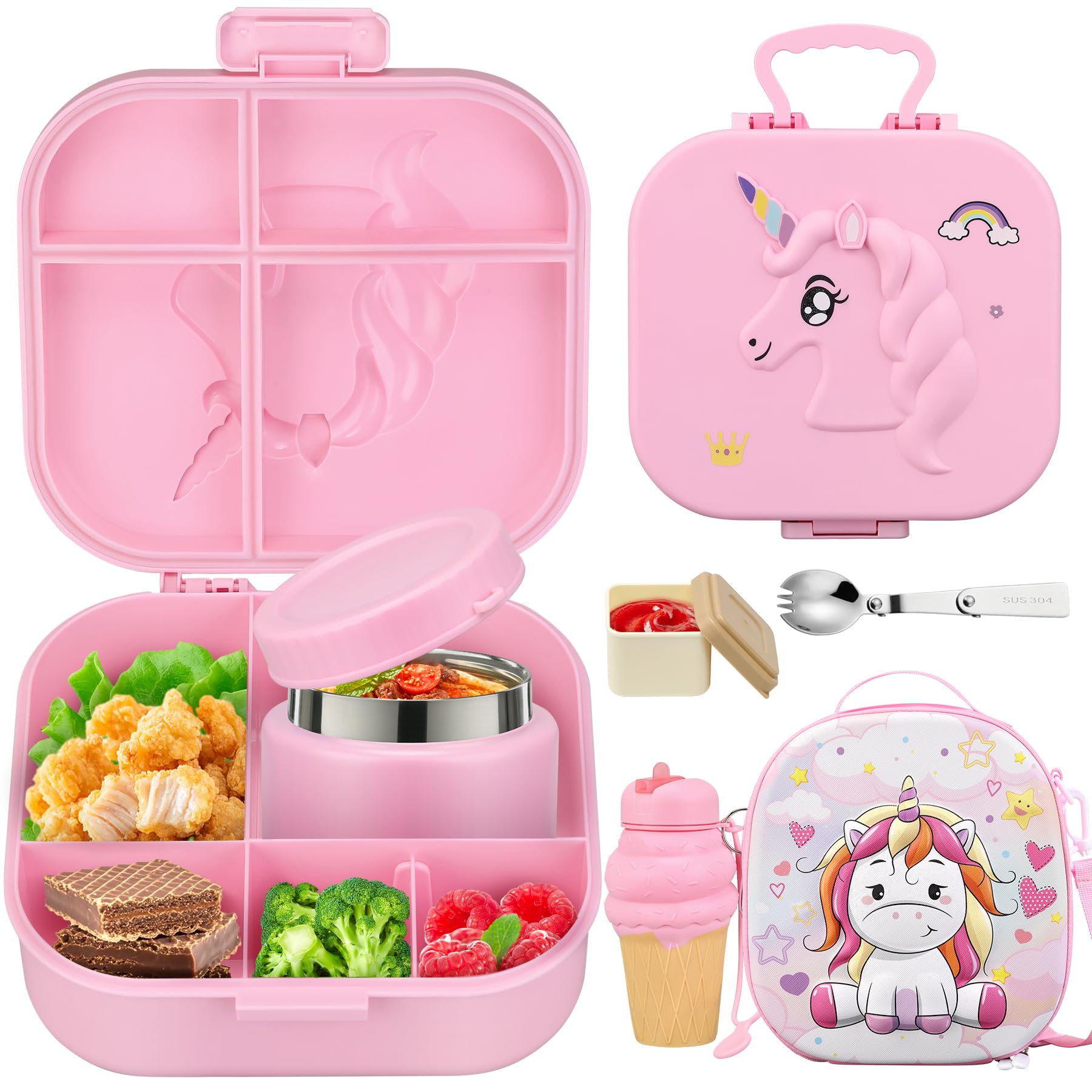 Photo 1 of ***MAJOR DAMAGE*** ***READ CLERK NOTES*** Aimsnk Kids Bento Lunch Box with 12oz Soup Thermo, Kids Leakproof Lunch Food Containers with 4 Compartment,Insulated Hot Food Jar with Lunch Bag for School, Travel (Pink+Pink Jar)