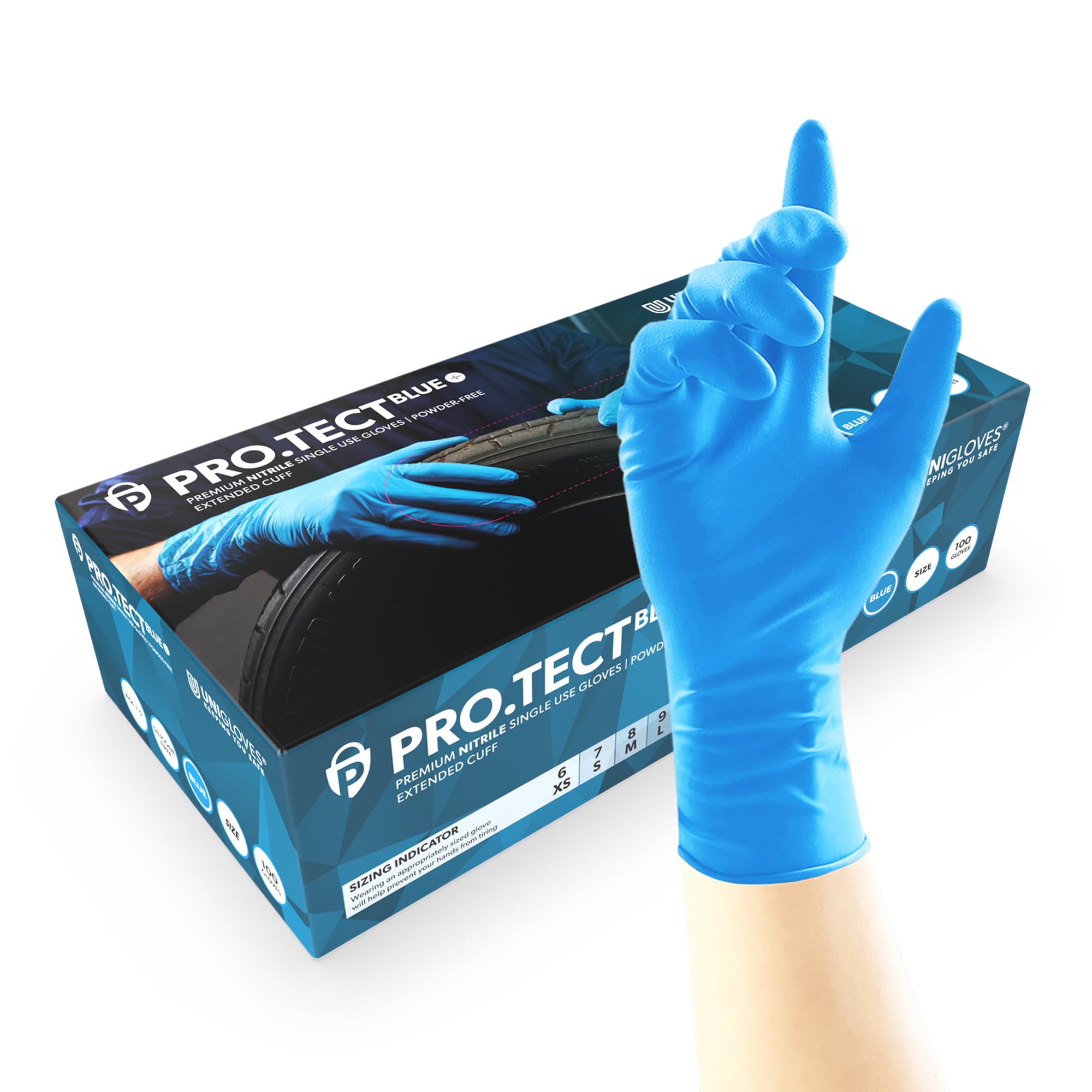 UNIGLOVES PRO.TECT Blue Nitrile Disposable Gloves, Extended Cuff, Nitrile Gloves, Box of 100, Size M