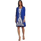 Elegant Knee-Length Geometric Shift Dress W/ 3/4 Sleeve Draped Flyaway Jacket