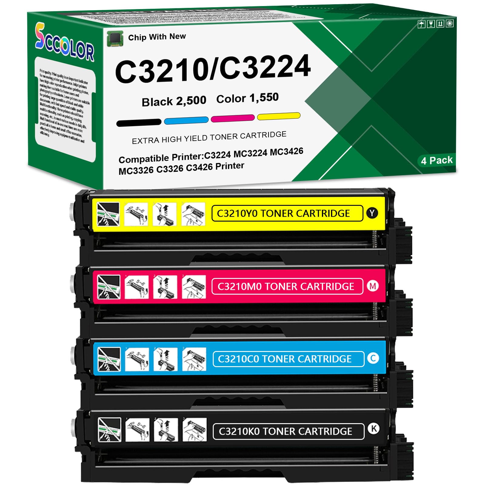 Photo 1 of C3224 C3210 C3326 Toner Cartridges Extra High Yield Compatible for Lexmark C3224 C3210 C3210K0 C3210C0 C3210M0 C3210Y0 Replacement for Lexmark C3224 MC3224 MC3426 MC3326 C3326 C3426 Printer