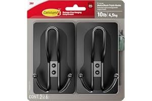Command X-Large Matte Black Triple Hook, 2 Hooks, 6 Strips, Damage-Free Hanging Wall Hooks with Adhesive Strips, No Tools Wall Hooks for Hanging Decorations in Living Spaces