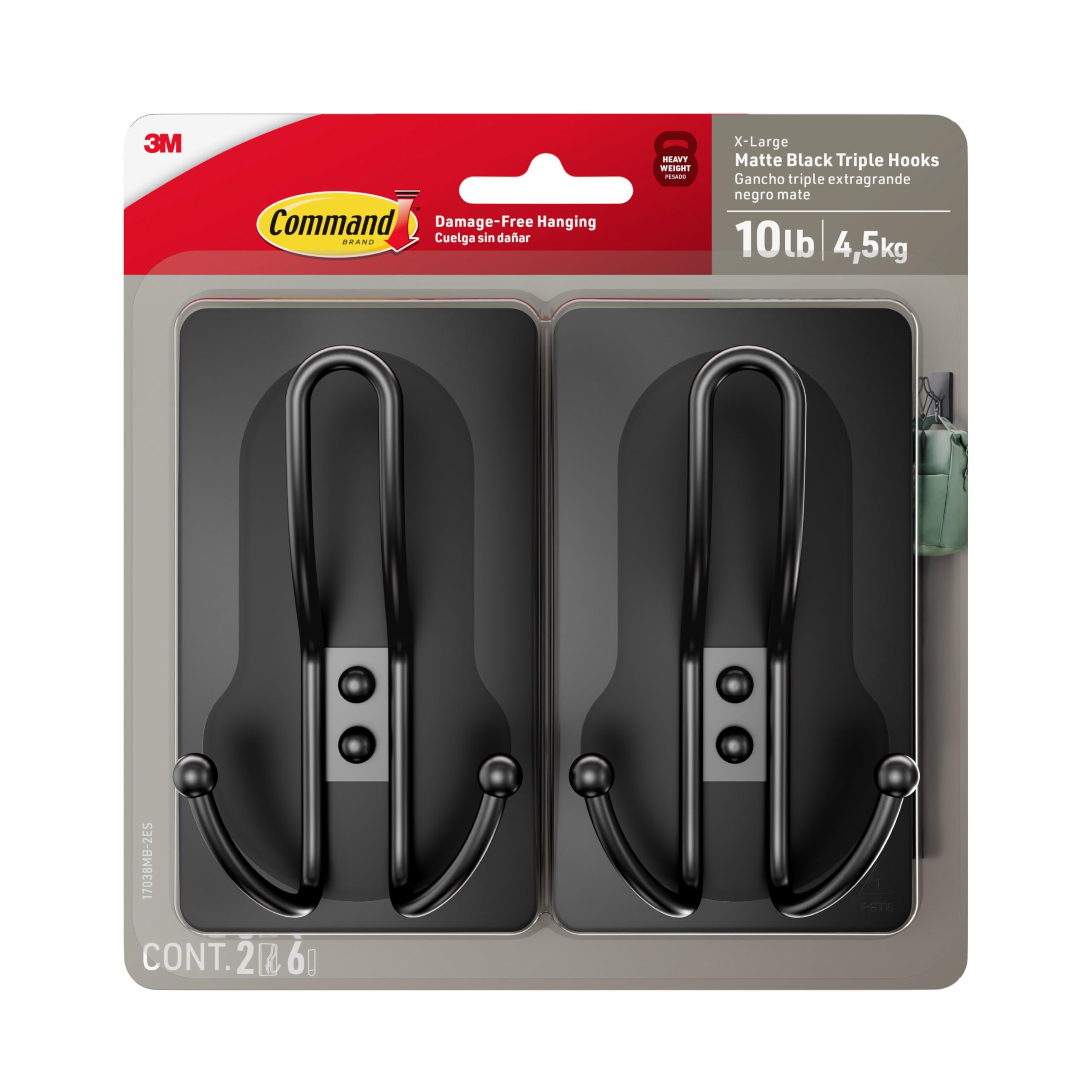 Photo 1 of Command X-Large Matte Black Triple Hook, 2 Hooks, 6 Strips, Damage-Free Hanging Wall Hooks with Adhesive Strips, No Tools Wall Hooks for Hanging Decorations in Living Spaces