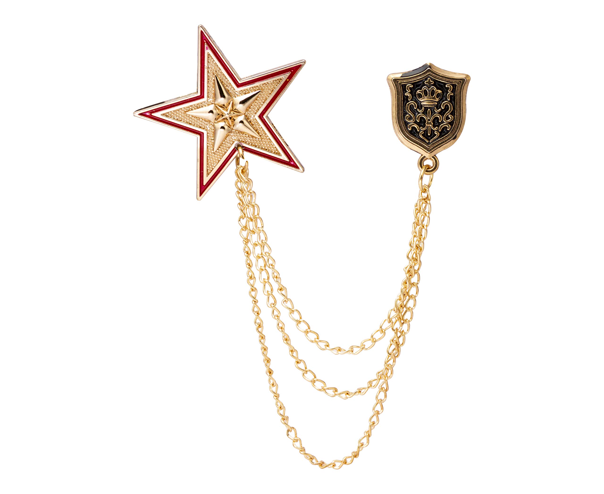 Brooch Lapel Pin for Men Shield and Red & Gold Star with Hanging Chain Alloy Lapel Pin Badge Coat Suit Wedding Gift Party Shirt Collar Accessories