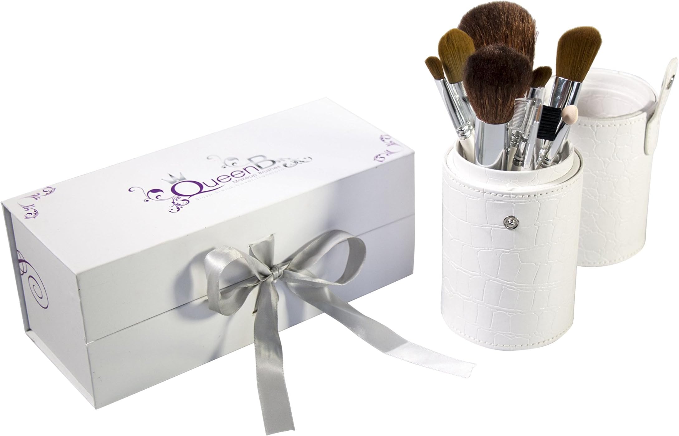 Queen B Brushes Makeup Brush Set in Boutique Gift Box Set & Pouch Handmade Sable Style Synthetic & Top Quality Natural Hair Brushes Super Soft & Dense Luxury Leather Designer Case, White, 9 Piece