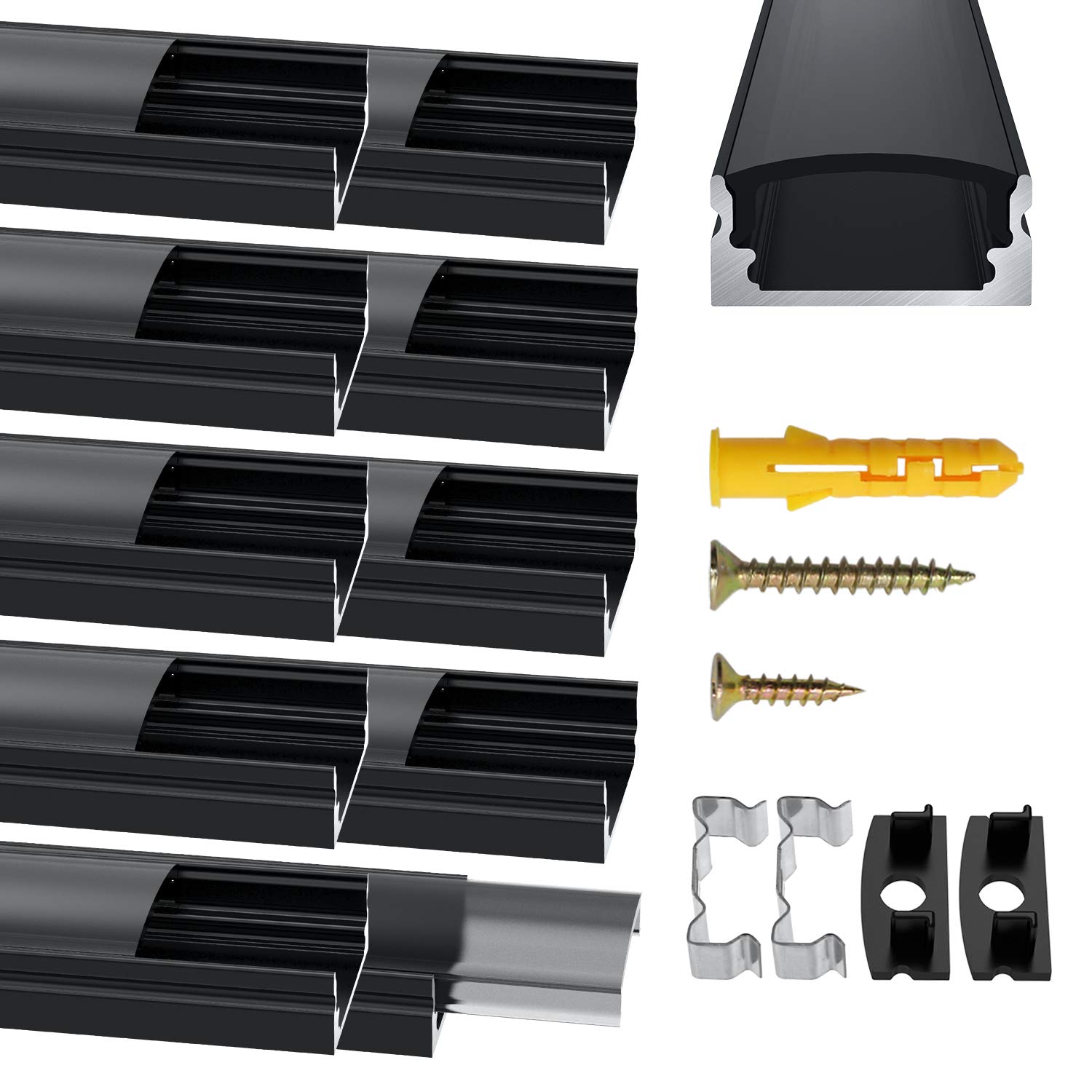 Jirvyuk LED Aluminum Channel, 10 Pack 1m/3.3ft Led Diffuser Strip and Profile for LED Strip Lights with Black Cover Indoor, End Caps and Metal Mounting Clips - (U Shape)