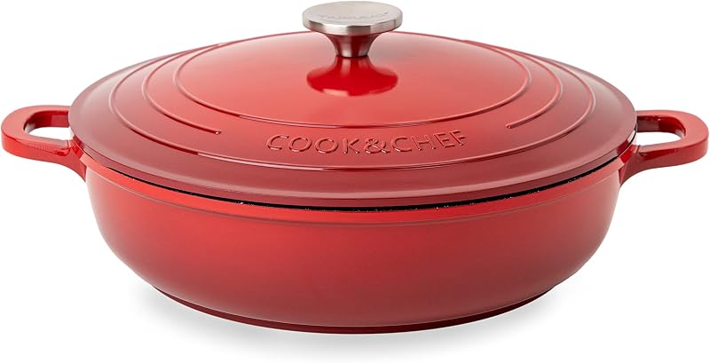 Nuovva Non-Stick Aluminium Pot with Lid 3.9L 28cm Red Shallow Dutch Oven