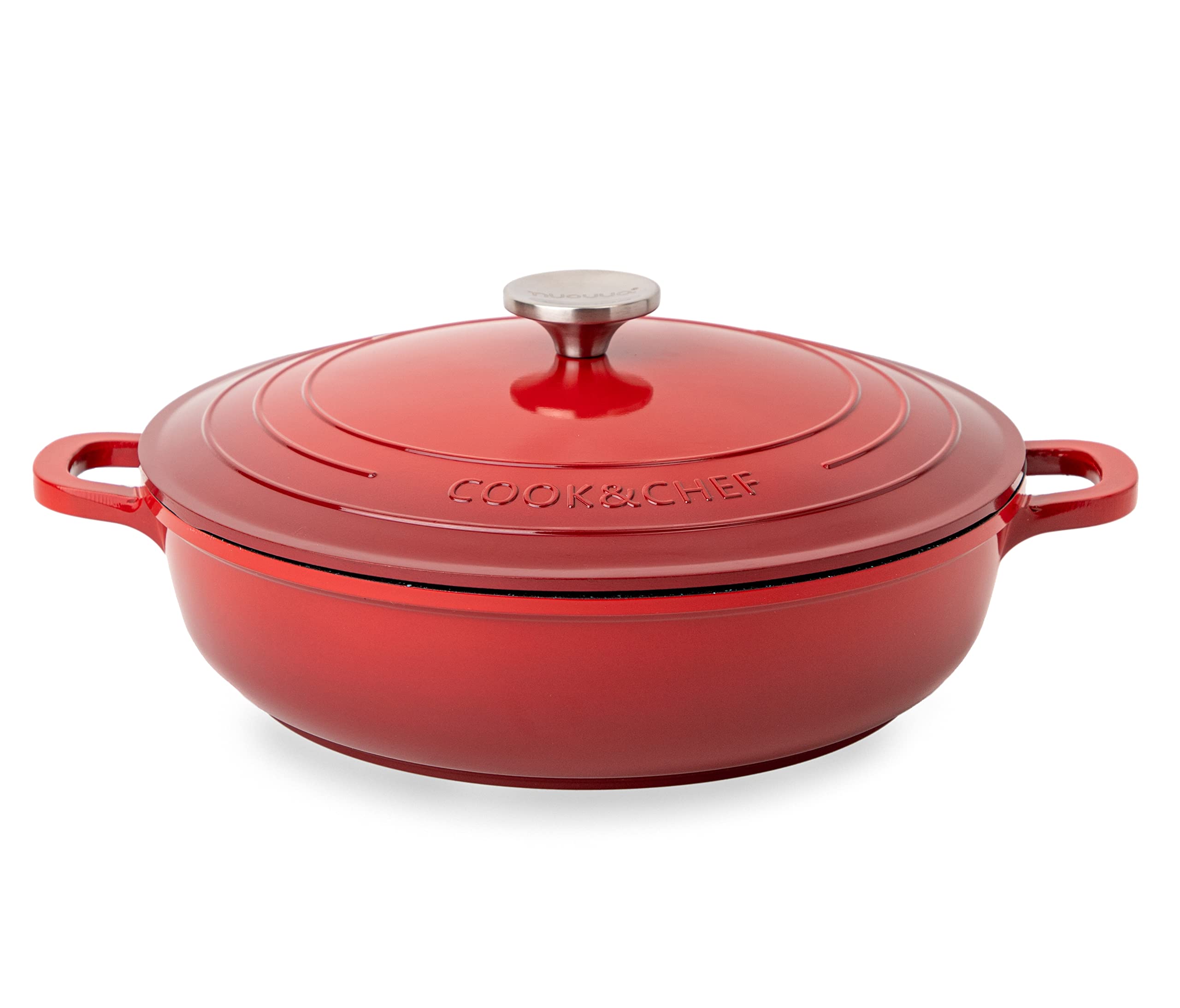 Non-Stick Aluminium Pot with Lid – Sturdy Shallow Dutch Oven – Casserole Pot with Ergonomic Handles – 3.9L, 28cm, Red – Oven Safe Cooking Pot – by Nuovva — image 1