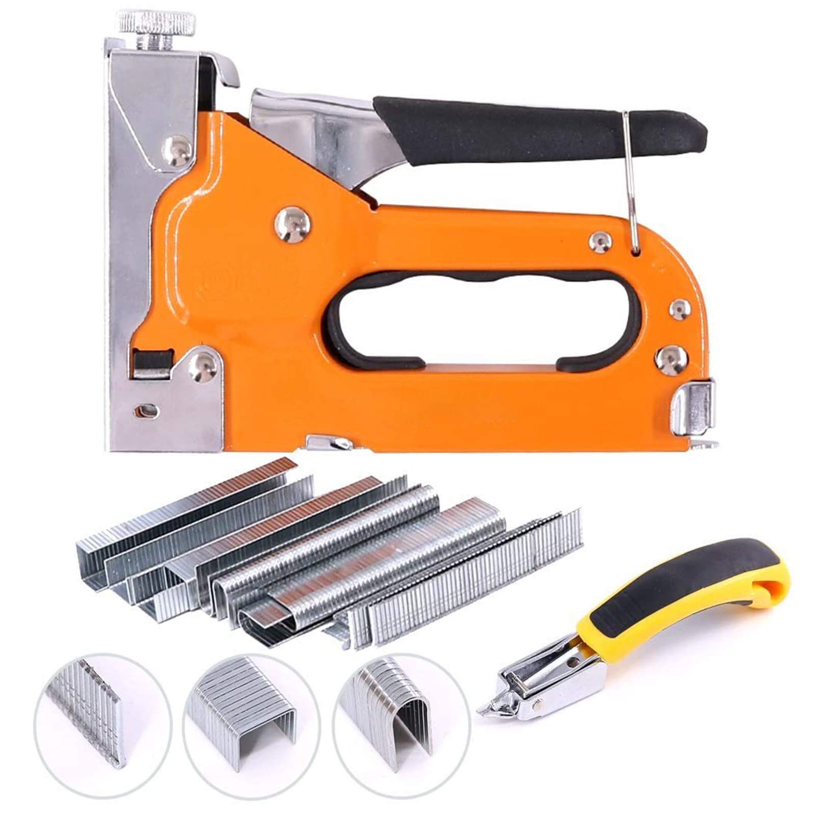 Remebe 3-in-1 Staple Gun Kit with Staple Remover and 600 Staples Selection Pack,Hand Operated Carbon Steel Gun Tacker Tool for Upholstery, Fixing Material, Decoration, Carpentry, Furniture