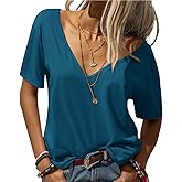 Eachyes Womens Deep V Neck T Shirts Casual Short Sleeve Loose Fit Basic Fashion Tee Tops