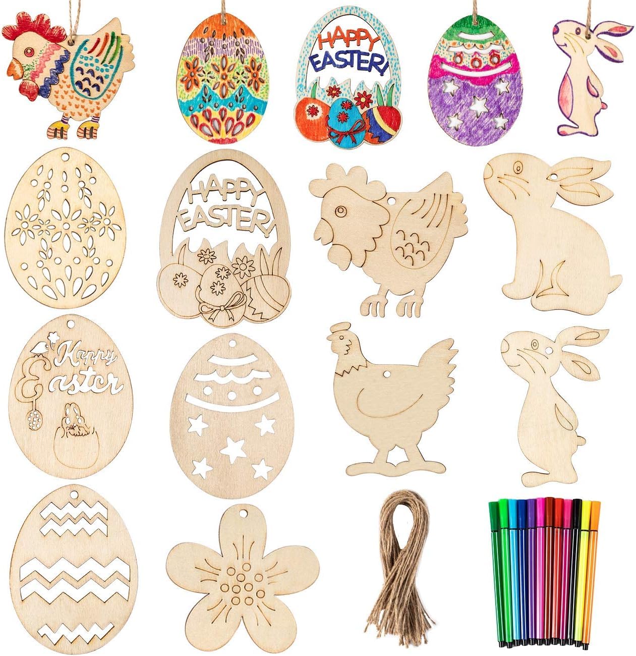 Easter Wooden Crafts, Gyvazla 50 PCS Unfinished Ornaments Easter Egg Bunny Chicken Shaped Flower Hanging Wood Easter Cutouts with 12 Color Markers for Kids Easter Party Supplies DIY Decor